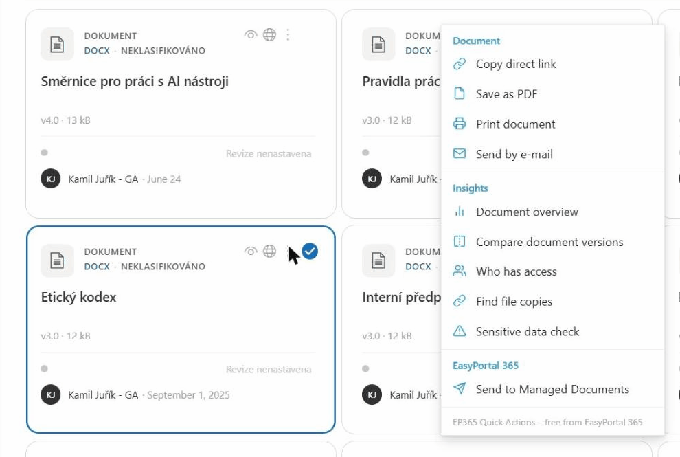 EP365 Quick Actions v knihovně SharePointu – panel akcí se sekcemi Dokument, Informace a EasyPortal 365 u vybraného dokumentu